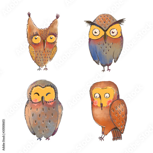 Vector colorful set with illustrations of cute owls isolated on white background. Can be used as elemets for your design for greeting cards, nursery, poster, card, birthday party, packaging paper