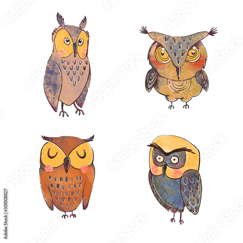 Vector colorful set with illustrations of cute owls isolated on white background. Can be used as elemets for your design for greeting cards, nursery, poster, card, birthday party, packaging paper