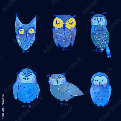 Vector colorful set with illustrations of cute night owls. Can be used as elemets for your design for greeting cards, nursery, poster, card, birthday party, packaging paper design, baby t-shirts