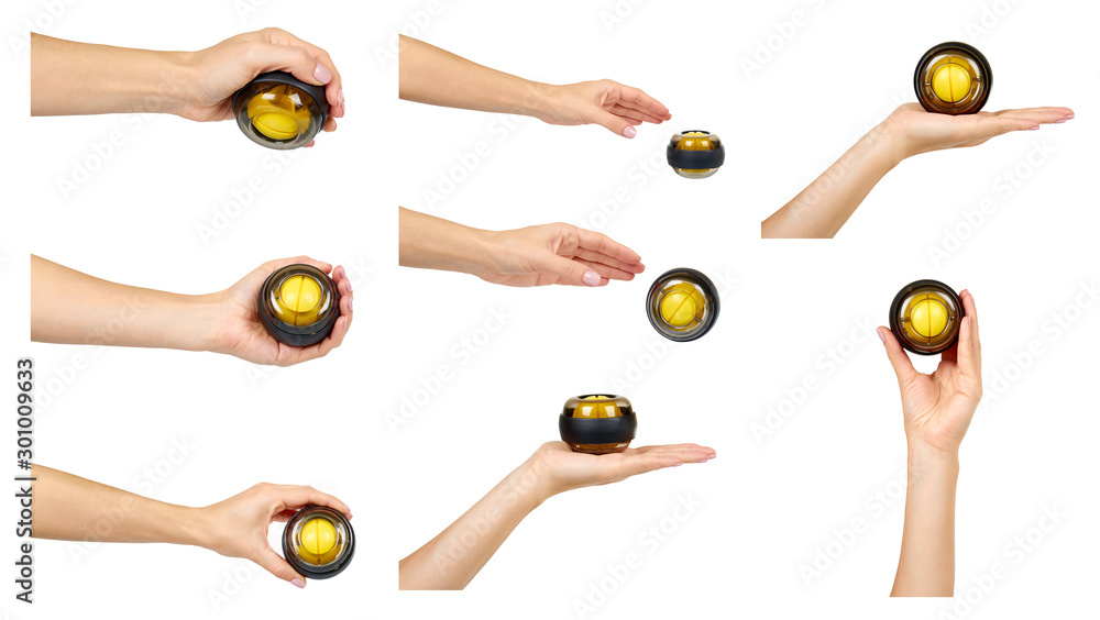 Gyro ball for wrist training, set and collection. Stock Photo