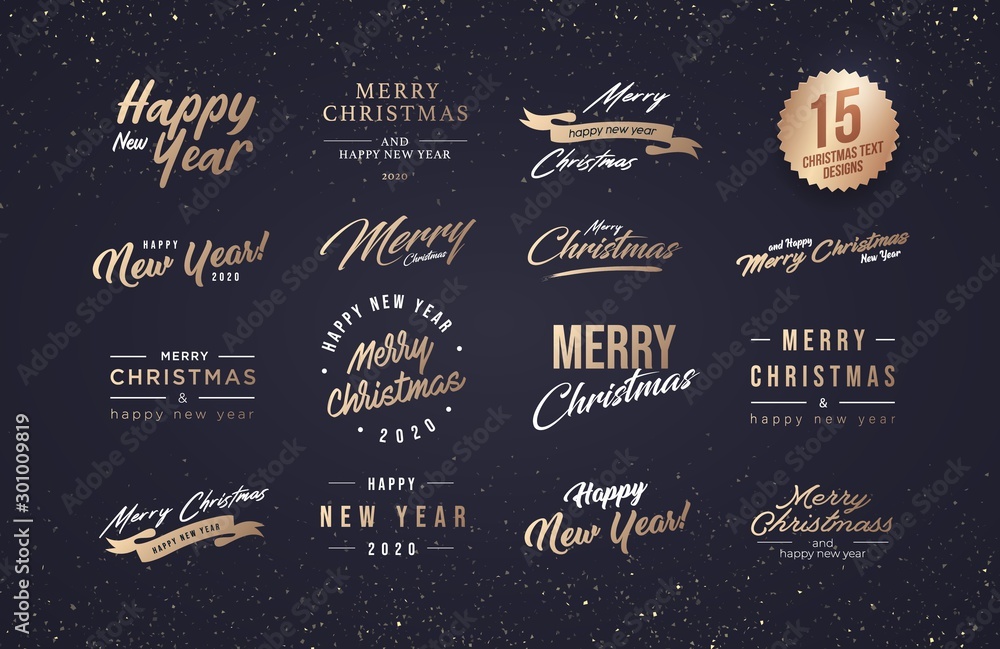 Merry Christmas and Happy New Year 2020 Typography set. Collection of emblems, text design. Usable for banners, greeting cards, gifts etc. - obrazy, fototapety, plakaty 