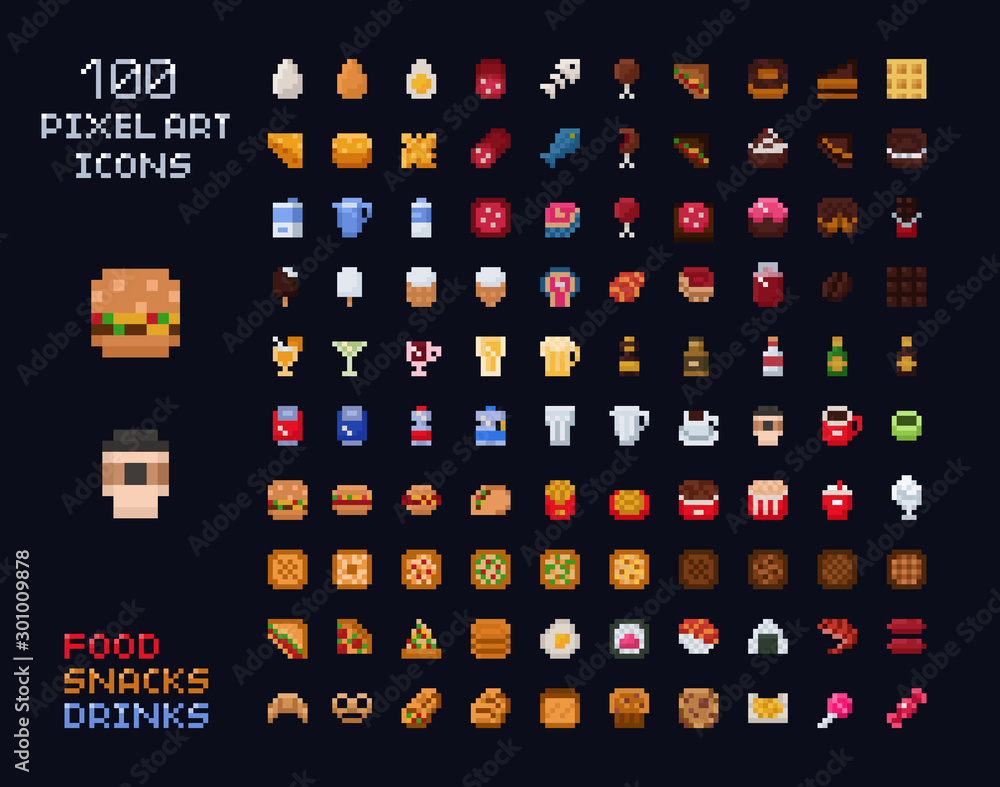 Ícone de comida de pixel definido para jogos ou aplicativos móveis
