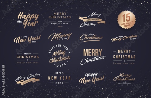 Merry Christmas and Happy New Year 2020 Typography set. Collection of emblems, text design. Usable for banners, greeting cards, gifts etc.