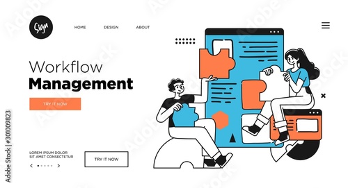 Workflow management business concept. Web page template. Outline vector Style