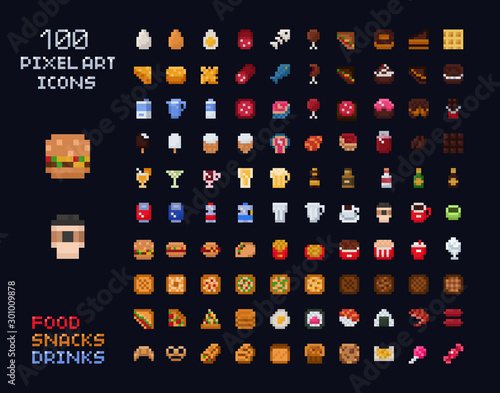 Pixel art vector game design icon video game interface set. Food items - fastfood, drinks, sweets, snacks, alcohol, bakery. Isolated retro arcade game design