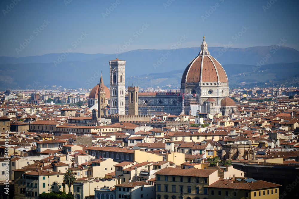 Duomo Santa Maria Del Fiore and Bargello in the morning from Piazzale Michelangelo in Florence, Tuscany, Italy