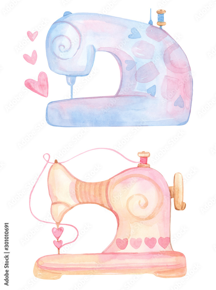 Sewing machines. Cute watercolor cartoon set. Female needlework. Sewing  tools isolated on a white background. Stock Illustration | Adobe Stock
