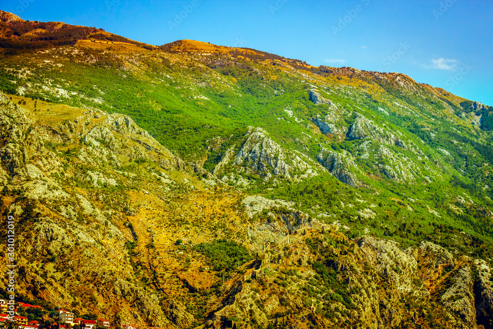 Beautiful mountain landscape on sunny summer day. Montenegro, Albania, Dinaric Alps Balkan Peninsula. Сan be used for postcards, banners, posters, flyers, cards.