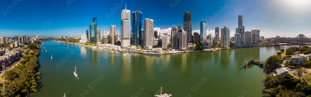 BRISBANE, AUSTRALIA - August 24 2019: Brisbane city with CBD and Story Bridge, aerial drone view.