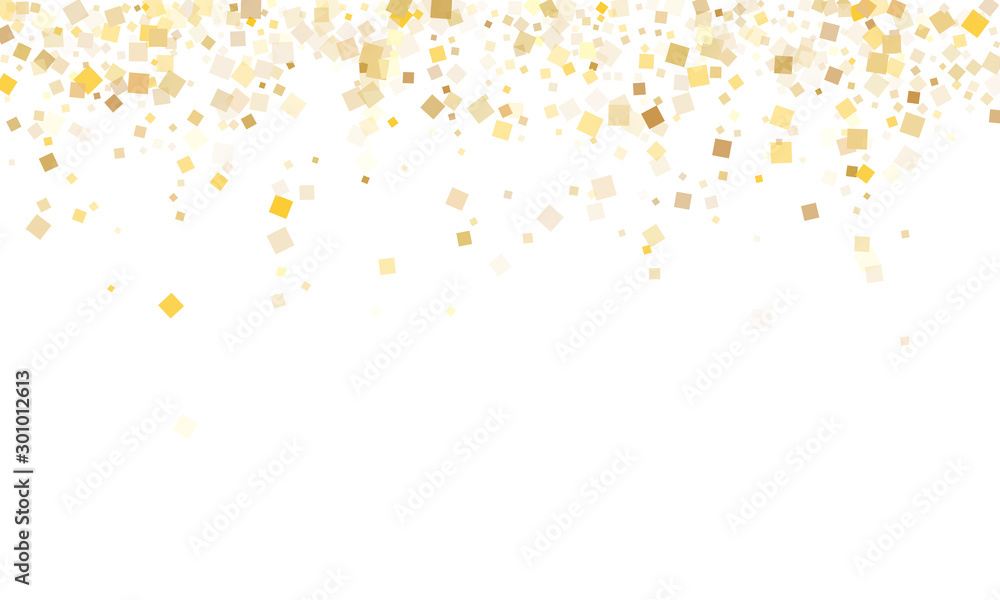 Birthday gold confetti sequins tinsels falling on white. VIP Christmas vector sequins background. Gold foil confetti party explosion pattern. Rhombus sparkles surprise backdrop.