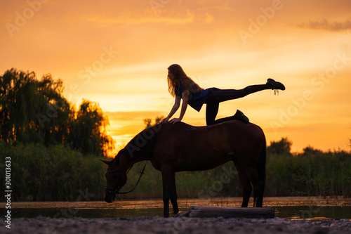 Silhouetted a slender girl practicing yoga on horseback  at sunset the horse stands in the lake. Care and walk with the horse. Strength and Beauty