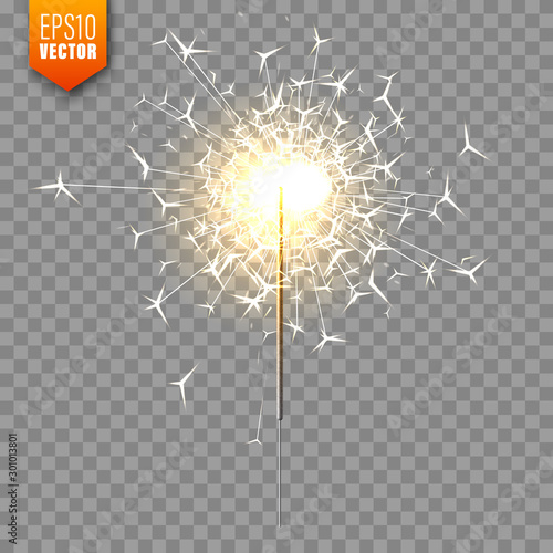 Realistic Christmas sparkler on transparent background. Bengal fire effect. Festive bright fireworks with sparks. New Year decoration. Burning sparkling candle. Vector illustration.