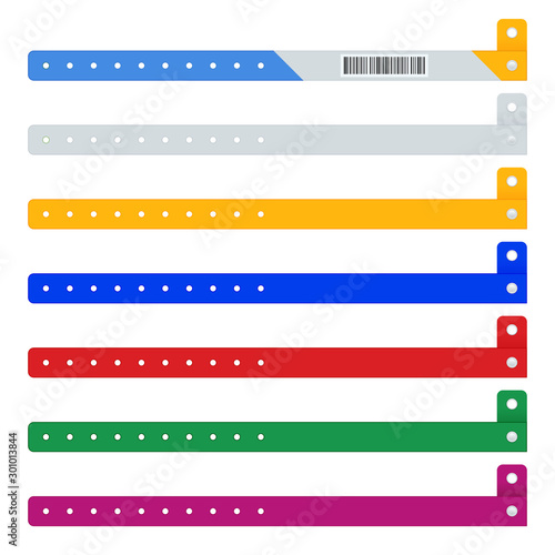 Flat icons set of Colored vinyl bracelets hand ID entrance festival or luminous neon cheap plastic bracelets isolated on a white background.