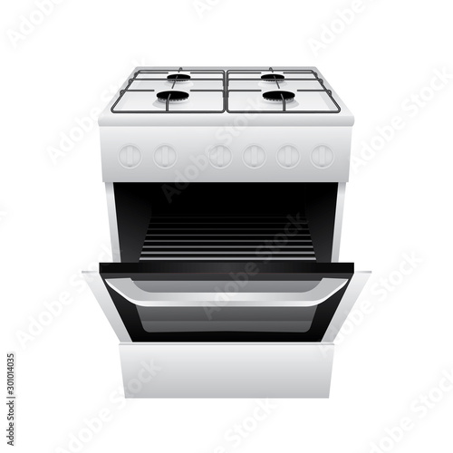 Kitchen gas stove realistic illustration. Gas Freestanding Range. Single oven gas range with 4 sealed burner cooktop. Part of set.