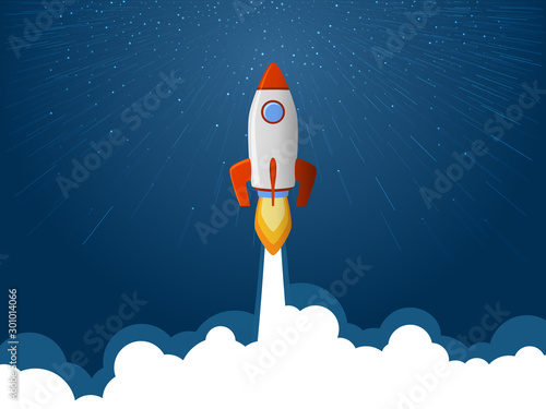 Rocket spaceship launch to stars into the blue sky space.