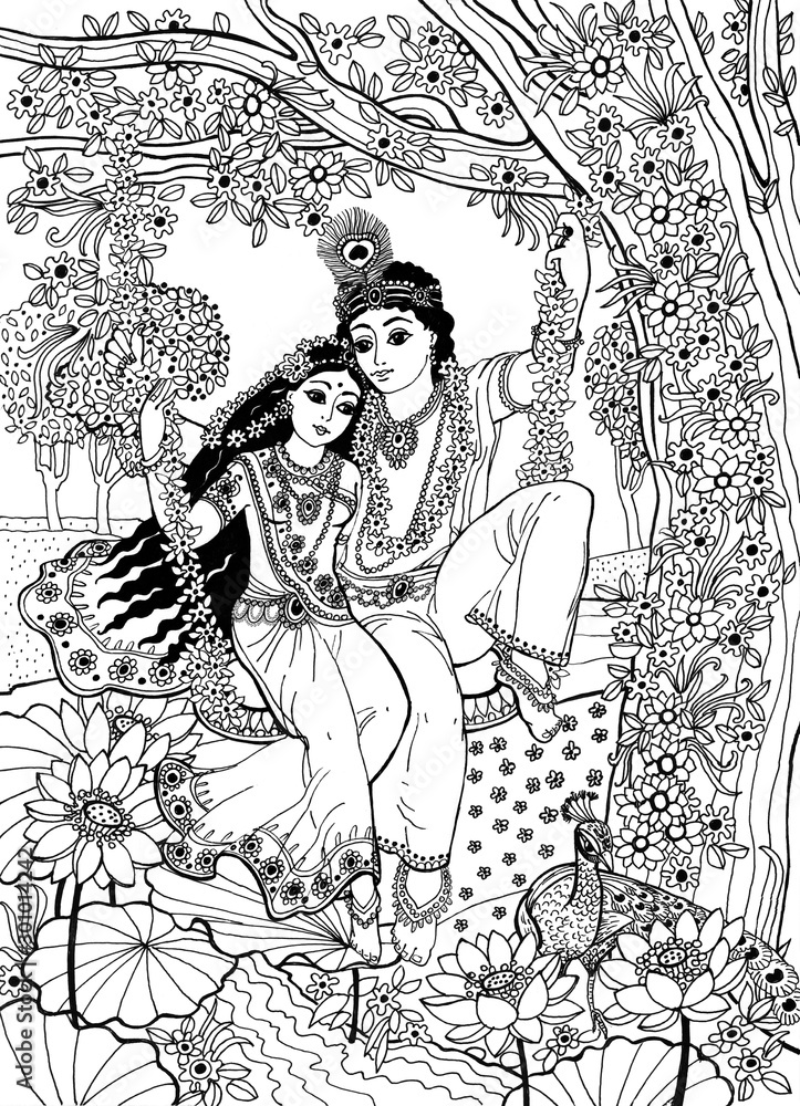 God Krishna and his beloved Radha on a swing by a tree in a forested  landscape