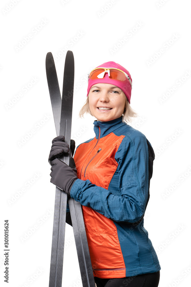 Image of smiling sportswoman with skis on empty white background. Image of smiling sportswoman with skis on empty white background.
