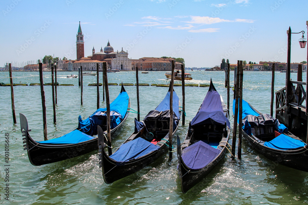 Grand Canal in Venice, Italy. Venetian boats,  Old Gondolas