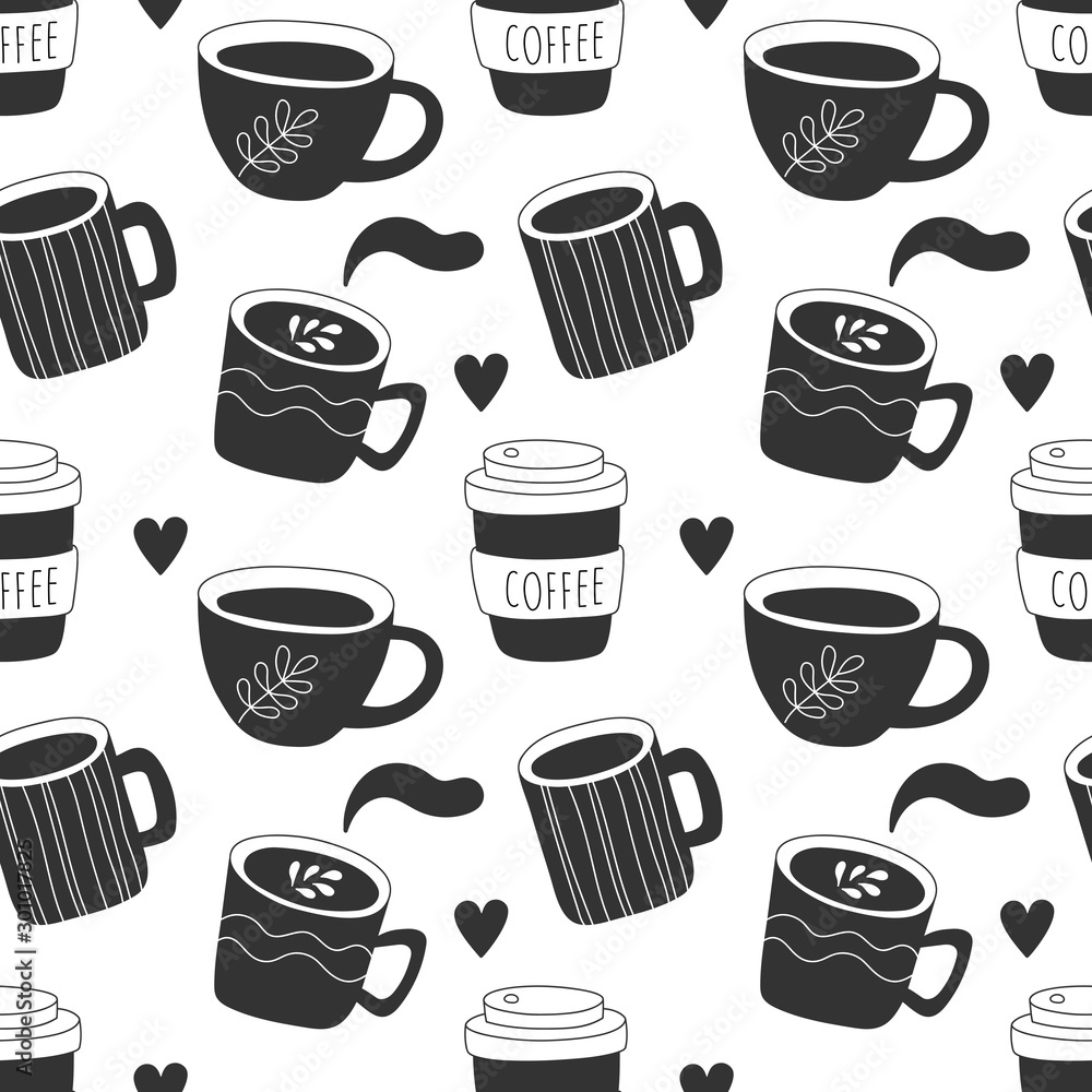 Seamless hand-drawn pattern with cups of coffee. Black-white vector illustration for wrapping, fabric, wallpaper.