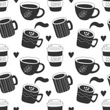 Seamless hand-drawn pattern with cups of coffee. Black-white vector illustration for wrapping, fabric, wallpaper.