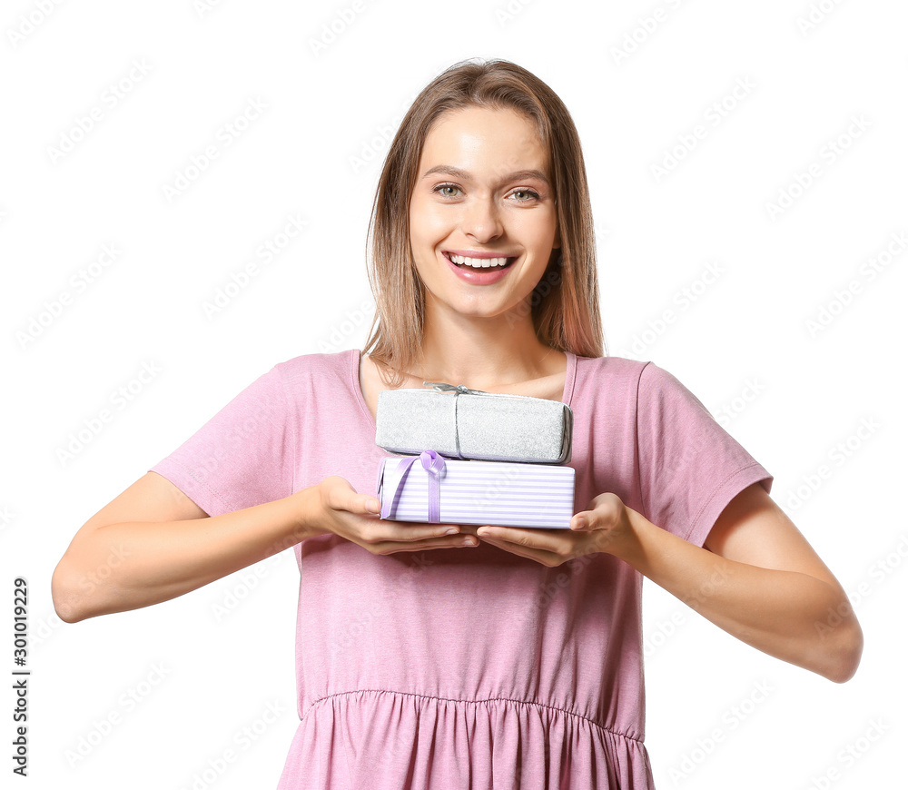 Beautiful woman with gift boxes on white background Beautiful woman with gift boxes on white background