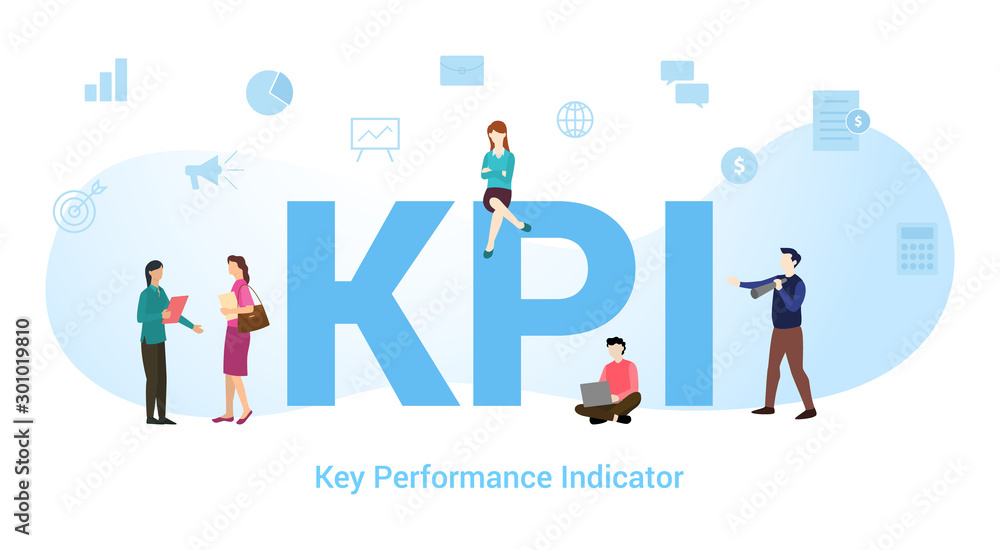 kpi key performance indicator concept with big word or text and team people with modern flat style - vector
