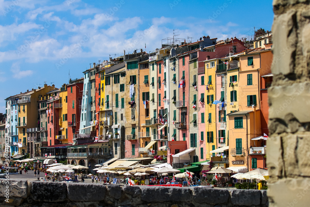 waterfront houses in the town of Portovenere in Italy. Located on the Ligurian coast in the province of La Spezia.