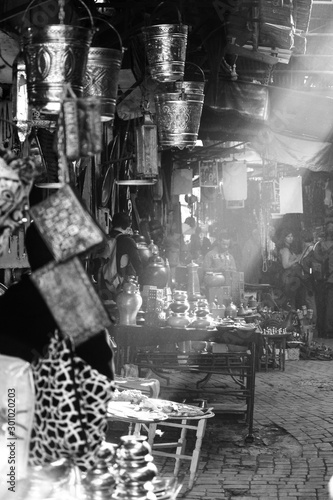 Marrakesh, Morocco - January 02, 2016: evocative photo of the covered market with ray of light that filters from the roof in marrakesh, morocco