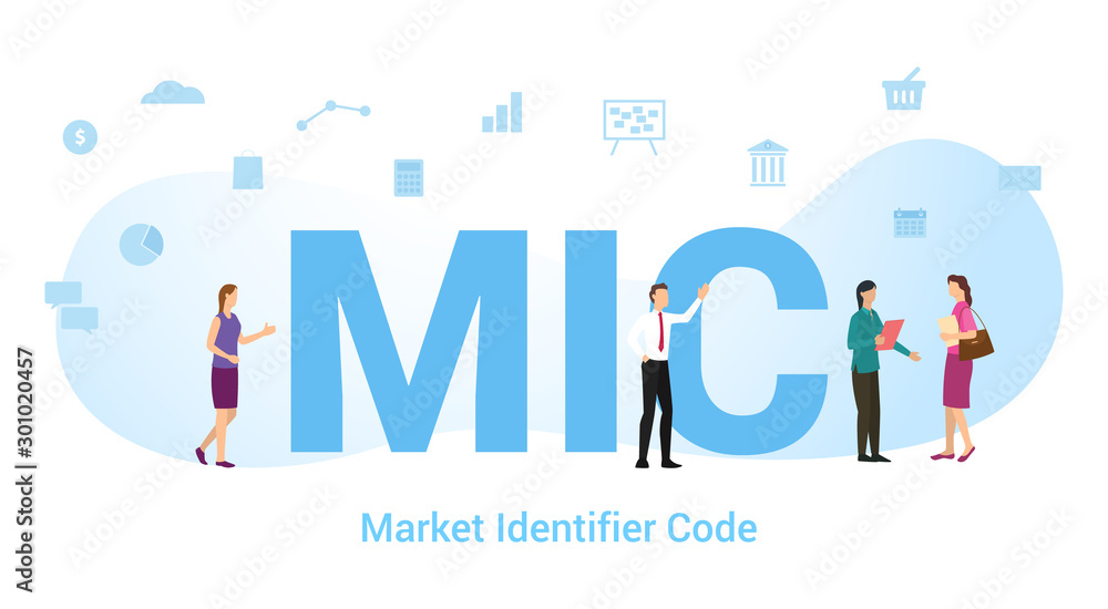 Mic market identifier code concept with big word or text and team people with modern flat style - vector