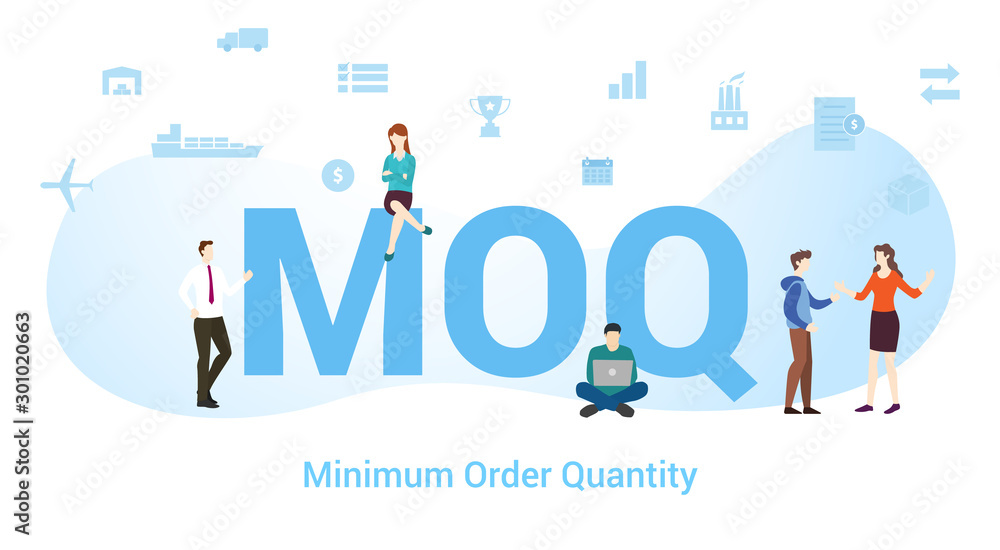 Moq minimum order quantity concept with big word or text and team people with modern flat style - vector