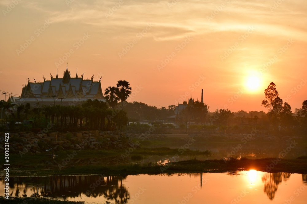 sunset over temples of bagan in myanmar