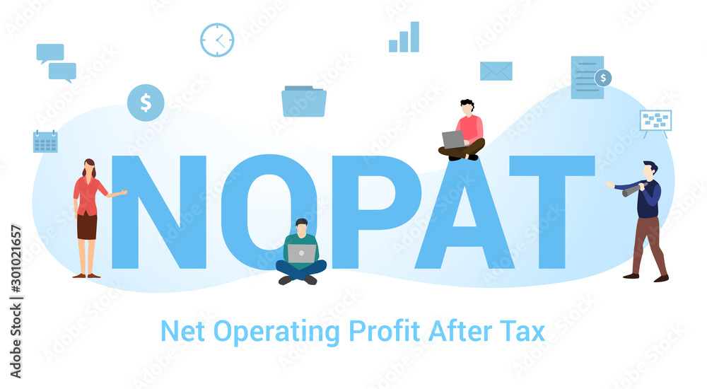 nopat non operating profit after tax concept with big word or text and team people with modern flat style - vector