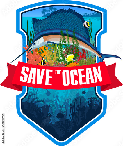 Vector emblem with coral reef,  swordfish Atlantic sailfish and colorful tropical fish	