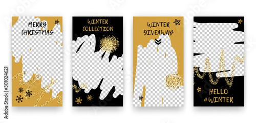Vector trendy editable winter set of templates for social media network stories. Modern design backgrounds with geometric elements, snowflakes, golden glitter for flyers, cards, posters