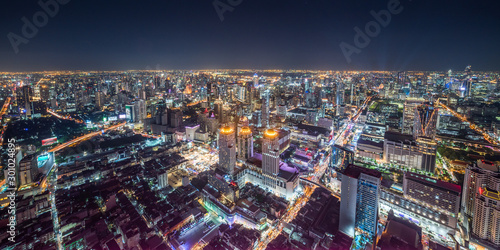 Aerial Panoramic Cityscape View of Bangkok with Street Lights at Night © kaycco