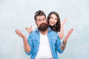Smile if you are happy. Happy family. Happy father and little daughter. Bearded man and small child happy smiling together. Happiness and joy. Hair beauty salon