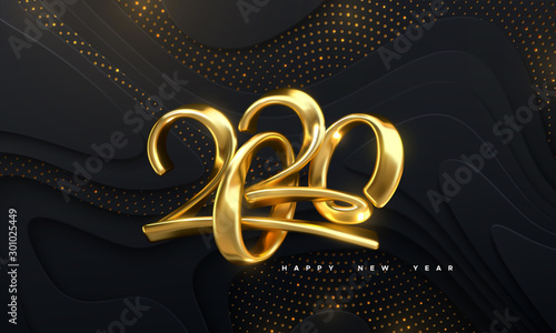 Happy New 2020 Year. Holiday vector illustration of golden calligraphic numbers 2020. Realistic 3d sign. Festive poster or banner design. Modern lettering on wavy papercut background with glitters.