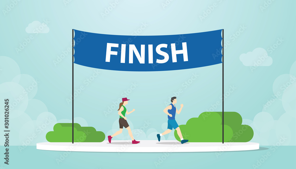 marathon run with men and woman running on finish banner with modern flat style - vector marathon run with men and woman running on finish banner with modern flat style - vector