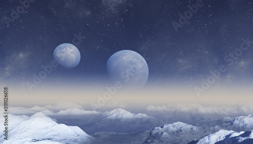 3d rendered Space Art: Alien Planet - A Fantasy Landscape with blu skies