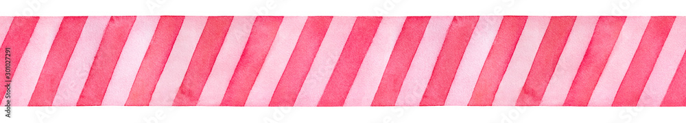 Fototapeta premium Festive seamless border with pink stripe pattern. Hand drawn watercolour graphic illustration on white backdrop, cutout clip art element for creative design, textile, print, greeting card, invitation.