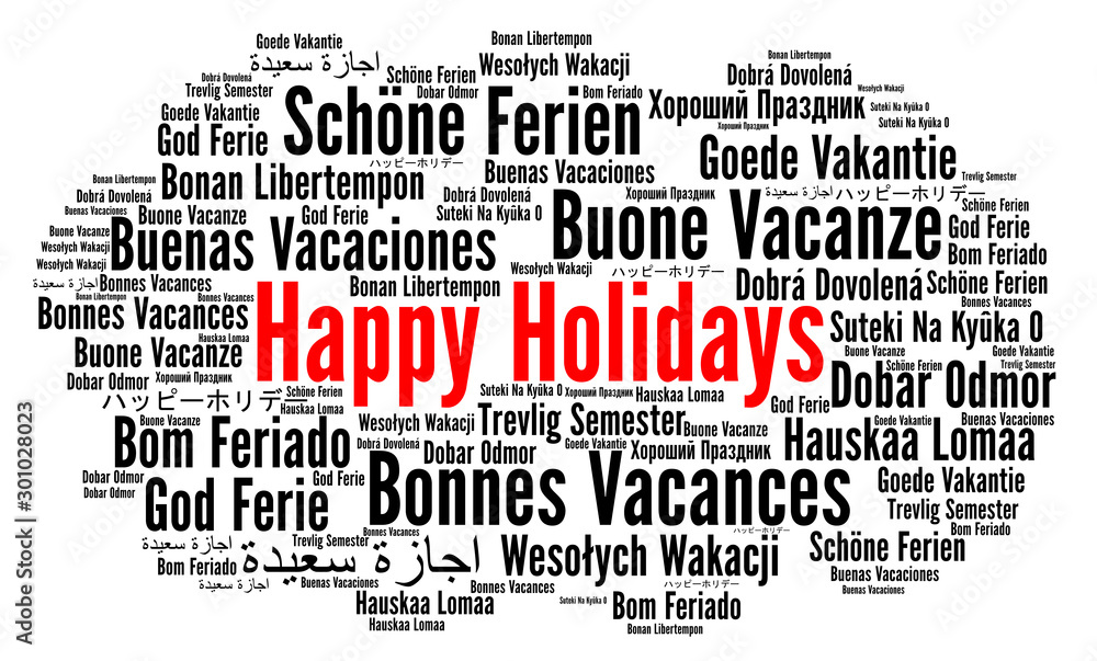 Happy holidays word cloud in different languages - obrazy, fototapety, plakaty 