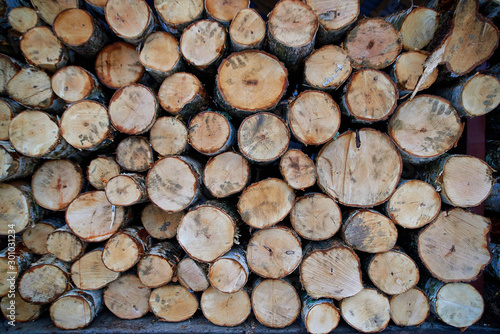 Chopped logs of firewood piled under the roof. Fuel for stove heating. Wooden firewood stacked. Natural wood background. Stacked birch firewood in a backyard. Pile of chopped dry logs