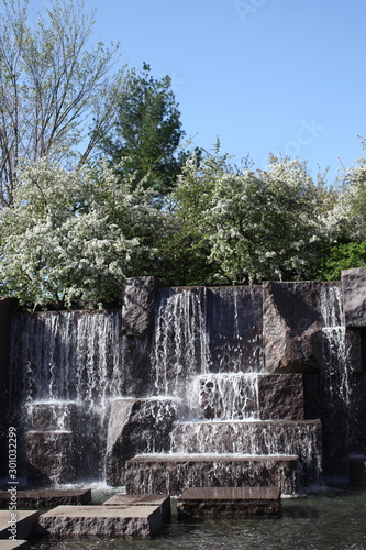 waterfall and fountain in Spring at memorial in Washington DC