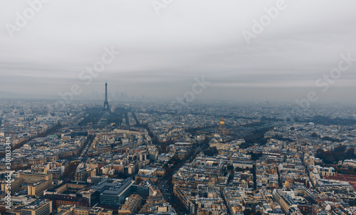 Aerial panorama of Paris City in late autumn from Maine-Montparnasse Tower