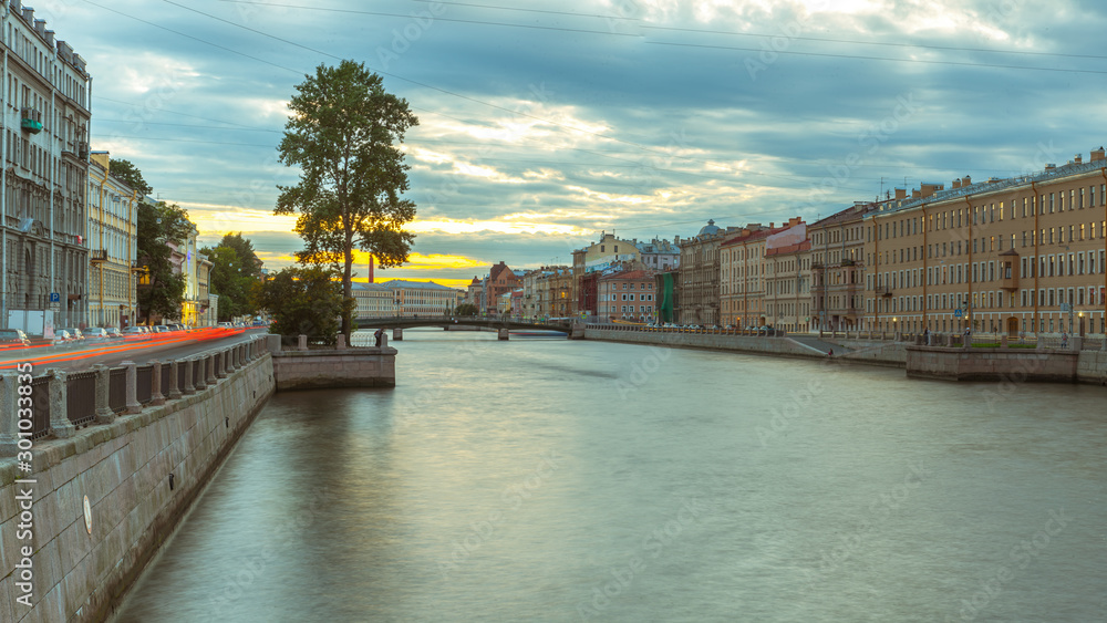 Fontanka river at sunset St. Petersburg Russia vintage tourist city of Europe