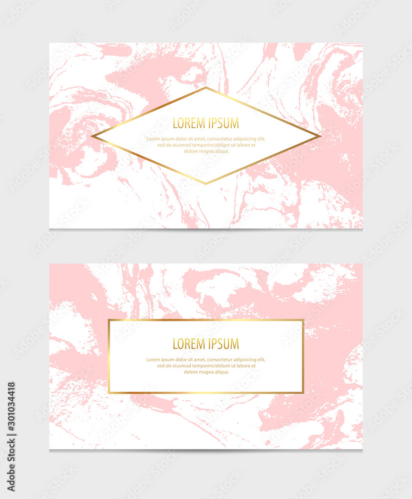 Modern business card with pink marble texture and gold frame.