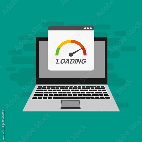 Laptop with speed test on the screen on Website or Mobile Application Vector Concept seo and Digital marketing