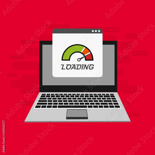 Laptop with speed test on the screen on Website or Mobile Application Vector Concept seo and Digital marketing