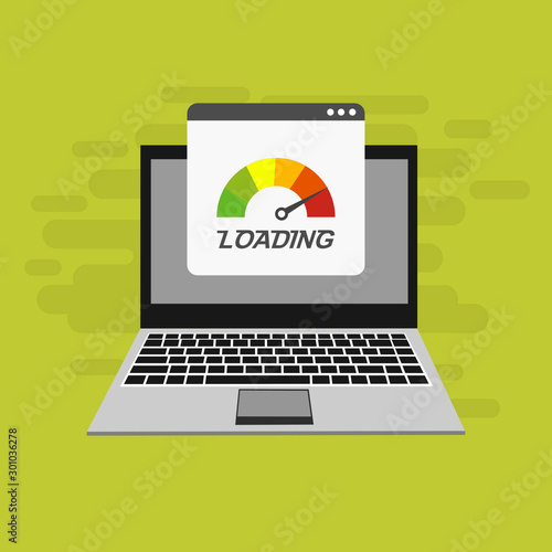 Laptop with speed test on the screen on Website or Mobile Application Vector Concept seo and Digital marketing