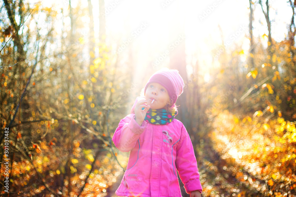 beautiful little girl in the autumn forest against a background of yellow glowing leaves and the bright warm sun beautiful little girl in the autumn forest against a background of yellow glowing leaves and the bright warm sun